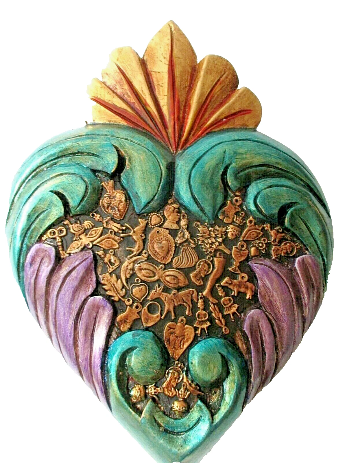 handmade large carved wood heart shape wall plaque mexican folk art with gold tone tin milagros prayer charms ex votos purple gold green religious spiritual christian wall cross decor or gift