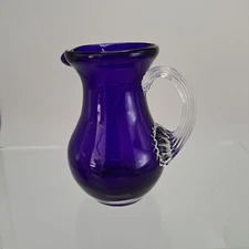 Pilgrim Glass Cobalt Blue Pitcher Clear Ribbed Applied Handle Vintage