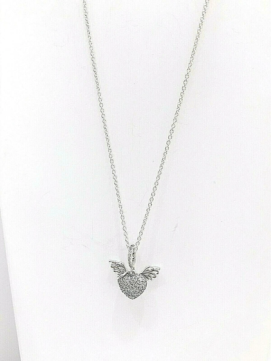 100 PANDORA 398505C01 Pav Heart Angel Wings Pendant Necklace New in Gift Box