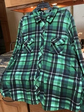 Denim & Co. Heavenly Jersey Turquoise Plaid Button Front Shirt a282209