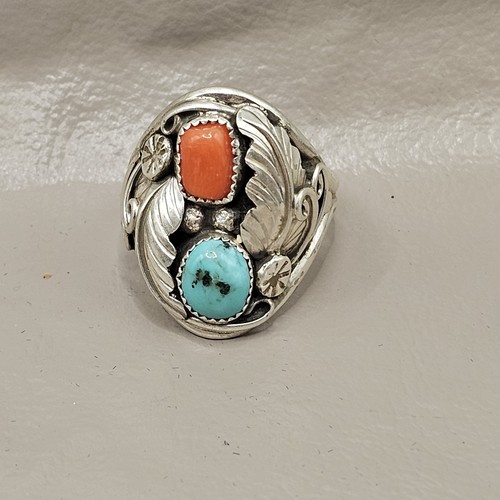 NEW! Navajo made sterling silver ring with turquoise and coral-Size 11-Signed