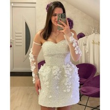 Sequin 3D Decals Wedding Dresses Lace Long Sleeves Short Dresses Princess Mini