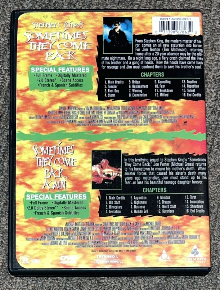 Sometimes They Come Back & Again DVD (1991/1996) Stephen King TV Horror Movie - Image 2 of 3
