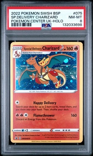 2022 POKEMON SWSH BSP SP.DELIVERY CHARIZARD POKEMON CENTER UK-HOLO PSA 8