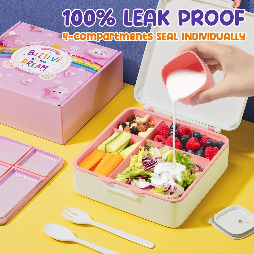 Leak Proof 4-Compartment Kids Bento Lunch Box for Toddlers BPA Free