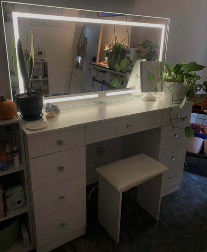 White Wood Vanity Table 42x20x31in w/ 7 Drawers, Rectangular LED Mirror & Stool