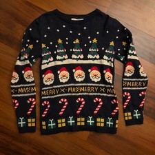 H M Kids Navy Blue Merry Christmas Santa Candy Cane Tree Ugly Sweater Size 7