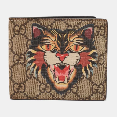 Portefeuille Gucci beige GG suprême toile chat en colère double pli
