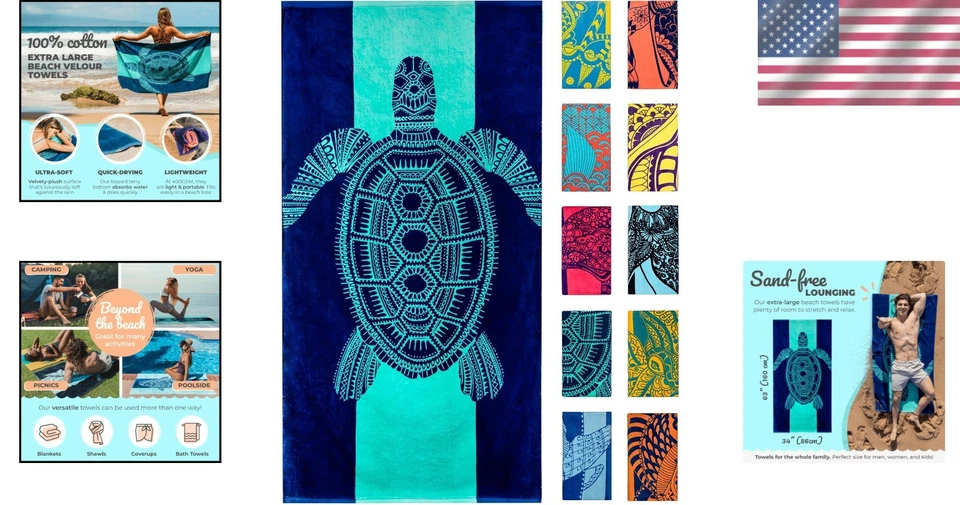 Toalla de playa de algodón extra grande - diseño de tortuga tropical, 34”x63” para diversión de verano Foto 2 de 4