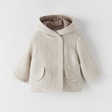 NEW Zara Kids Herringbone Hooded Coat Pompom Beige Wool Blend 18-24M