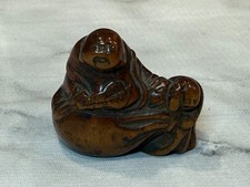 Antique Japanese Wood Carved Netsuke Laughing Buddha Hotei