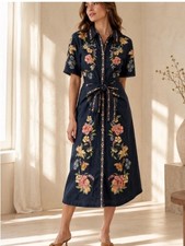 FARM RIO Maira Belted Floral Midi Dress Shirtdress Dark Navy Blue
