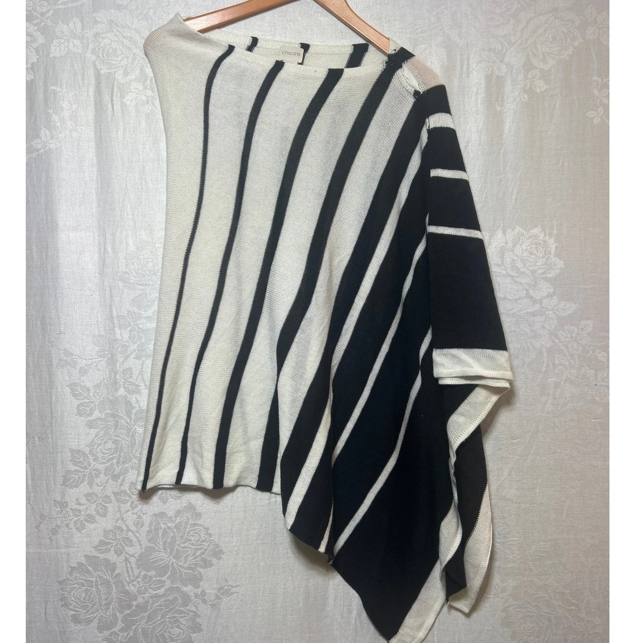 Chicos Poncho OS Black White Striped Knit Sweater One Shoulder Button Detail