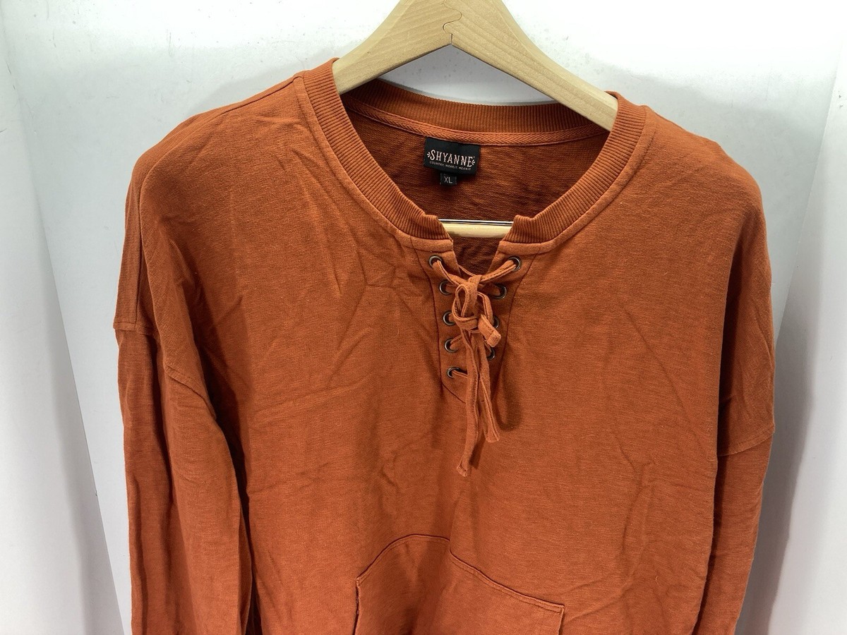 Shyanne Shirt Women Sz XL Burnt Orange Pullover Lace Up Kangaroo