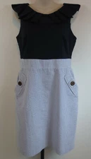 I.N. Studio Dress Womens Size 10 Navy Blue Ruffle Collar Searsucker Skirt Sheath