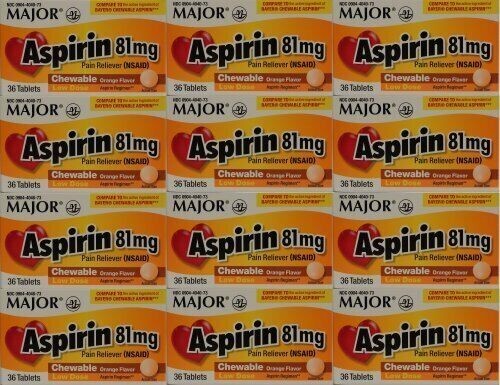 Major Baby Aspirin 81mg Chewable Orange Flavor 36ct -12 Pack -Exp Date 10-2024