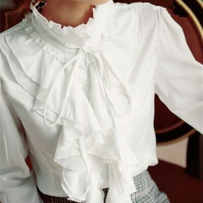 Lady Ruffles Frill Collar Shirt Top Chiffon Blouse Victorian