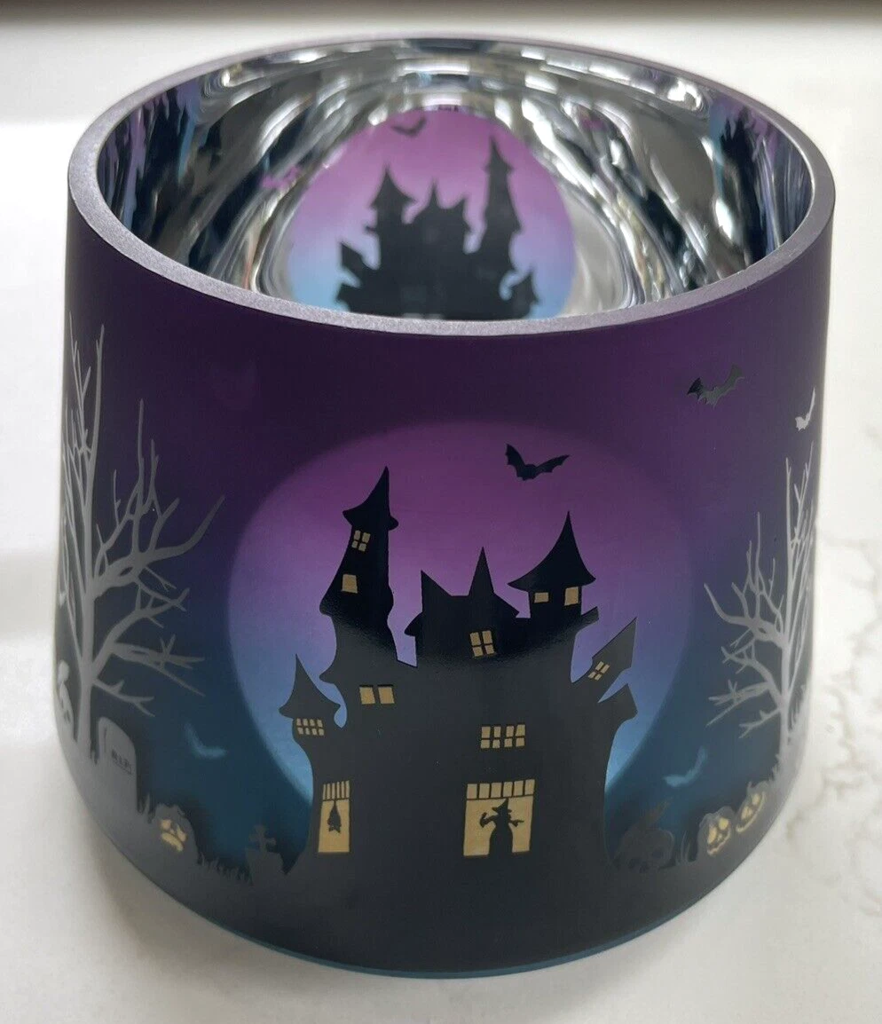 Yankee Candle Halloween Purple Flickering Glass Jar Shade Haunted House NIB