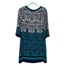 ELIZA J  Size 6 GREEN BLACK GEOMETRIC SHIFT DRESS STRETCH LINED