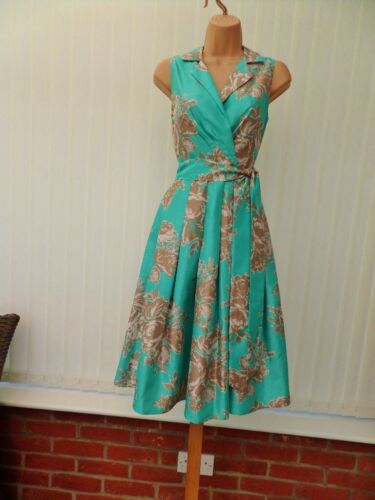 ELIZA J TÜRKIS GOLD ELFENBEIN BLUMENSATIN 50ER JAHRE PLATTE FLARE MIDI KLEID 8 NEU OHNE ETIKETT - Bild 2 von 14