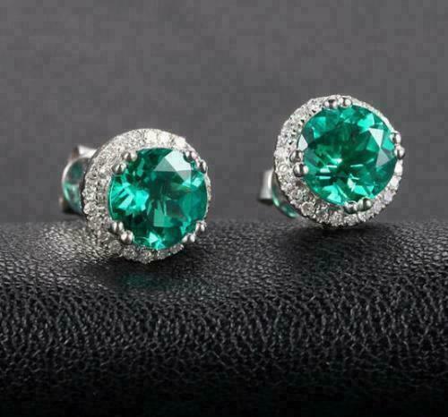 4Ct Round Cut Lab Created Emerald Push Back Halo Stud Earrings 18K White Plated - Picture 1 of 4