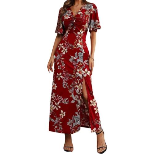 Boho Floral Maxi Dress Twist Knot V Neck Short Sleeve Split L Casual Red NWT