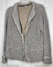 Woman CHICO S Black White Tweed Fray Edge One Button Jacket Sz 2 Large EUC