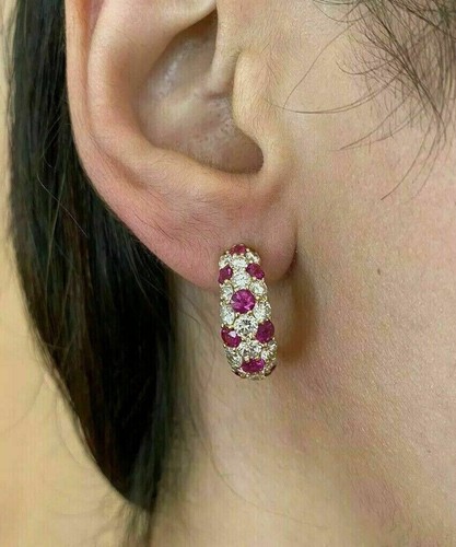 2.00Ct Round Cut Simulated Red Ruby Hoop Earrings 14K Yellow Gold Plated Silver - Picture 2 of 4