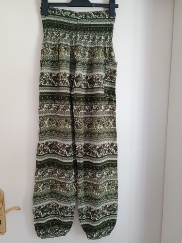Damen Hose Haremshose grün Sommer Elastisch Lang 36 S Gemustert Streifen