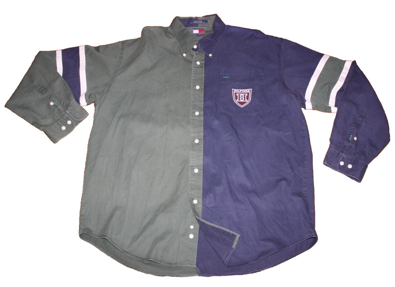 Tommy Hilfiger Shirt Mens Extra Large Blue Green Button Up Spell Out Crest EXC