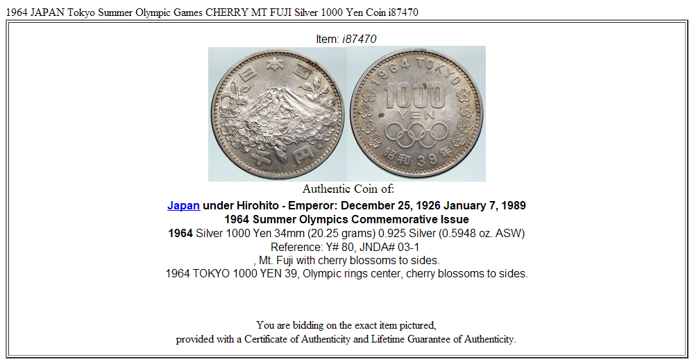 1964 JAPAN Tokyo Summer Olympic Games CHERRY MT FUJI Silver 1964 JAPAN Tokyo Summer Olympic Games CHERRY MT FUJI Silver