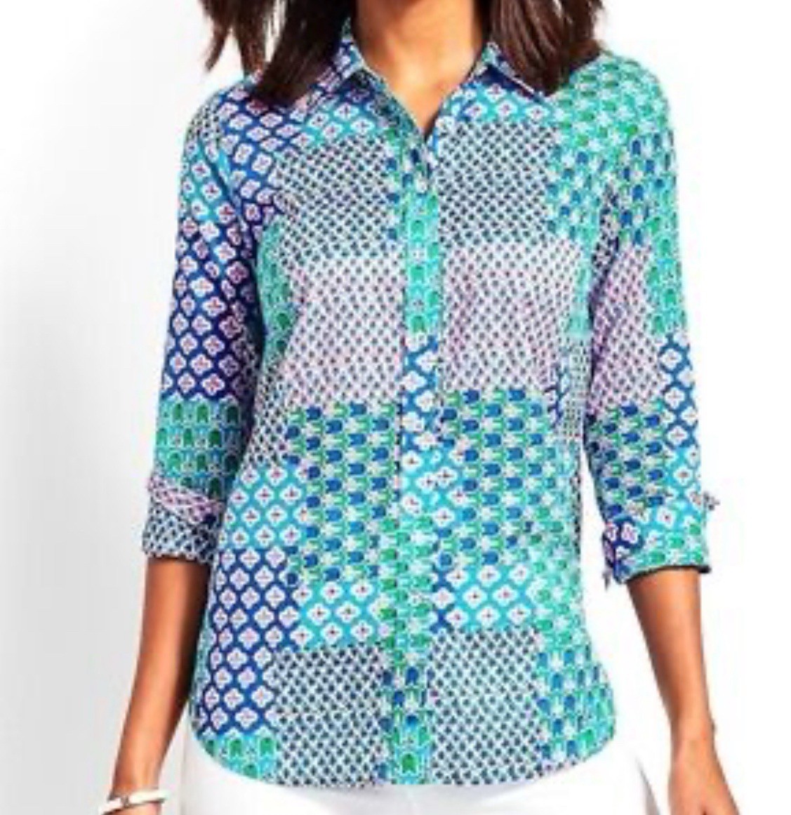 Talbots Patchwork Floral Button Front Shirt  Blou… - image 2
