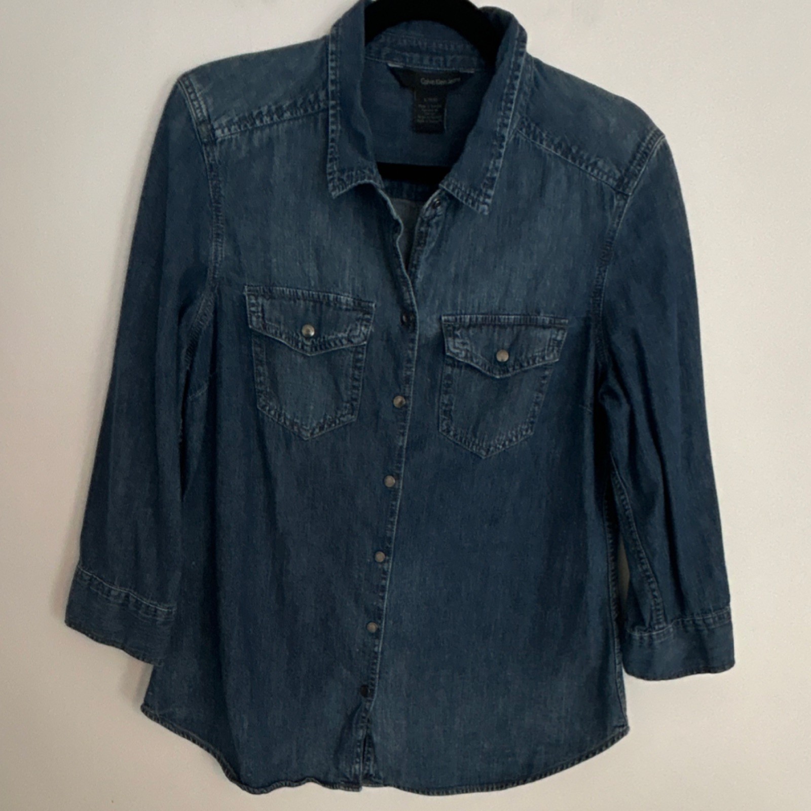 Calvin Klein Jeans Women's Denim Button-Up Collared Shirt Blue XL Pockets