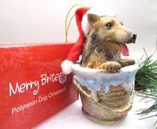 MERRY BRITE DOG CHRISTMAS ORNAMENT COLLIE SHELTIE GLITTER SANTA HAT NEW in BOX