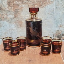 Vintage Bohemian Czech Amber Glass Decanter Etched Deer Stag Motif 24K Gold Trim