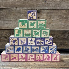 1980s-90s Uncle Goose, Basswood Nursery Rhyme Blocks, 26 Blocks