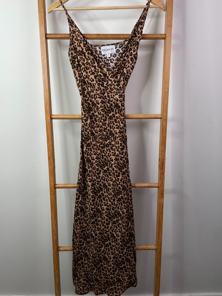 Oscar-ST Wrap Dress Womens Medium Brown Leopard Print Maxi Sleeveless V-Neck