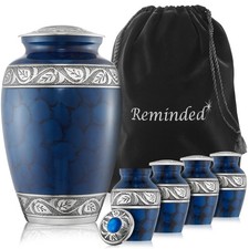 Set of 5 Etched Cremation Urns for Human Ashes - 1 Adult  4 Keepsake, Blue