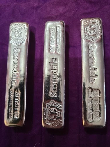 20 oz .999 Silver Bullion Long Cast Bar by Scottsdale Mint