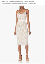 dress the population dress, xs, midi, white and gold, emma V neck