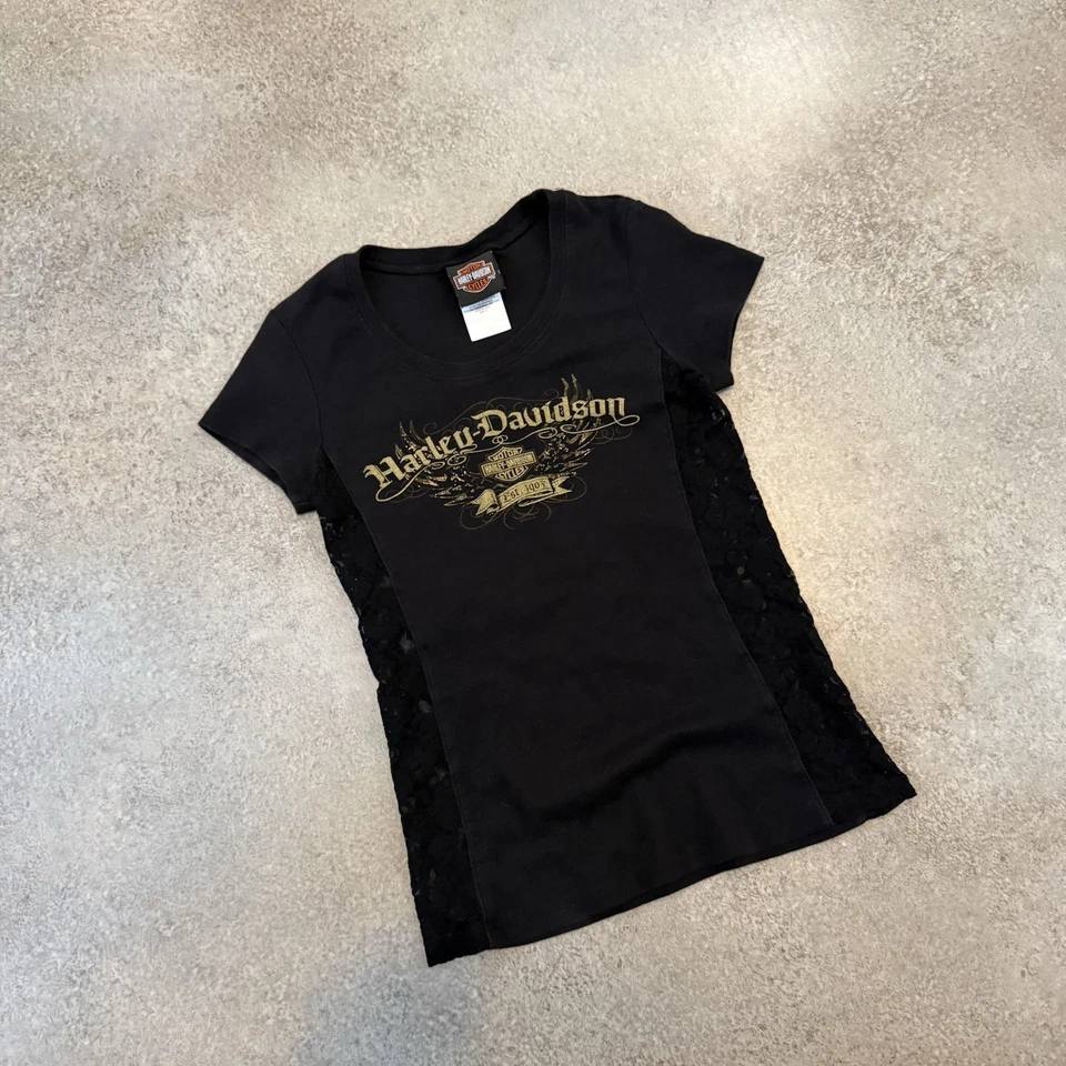 Camiseta De Colección Y2K Harley Davidson Bebé Para Mujer Pequeña Encaje Boho Grunge Motociclista Foto 2 de 4