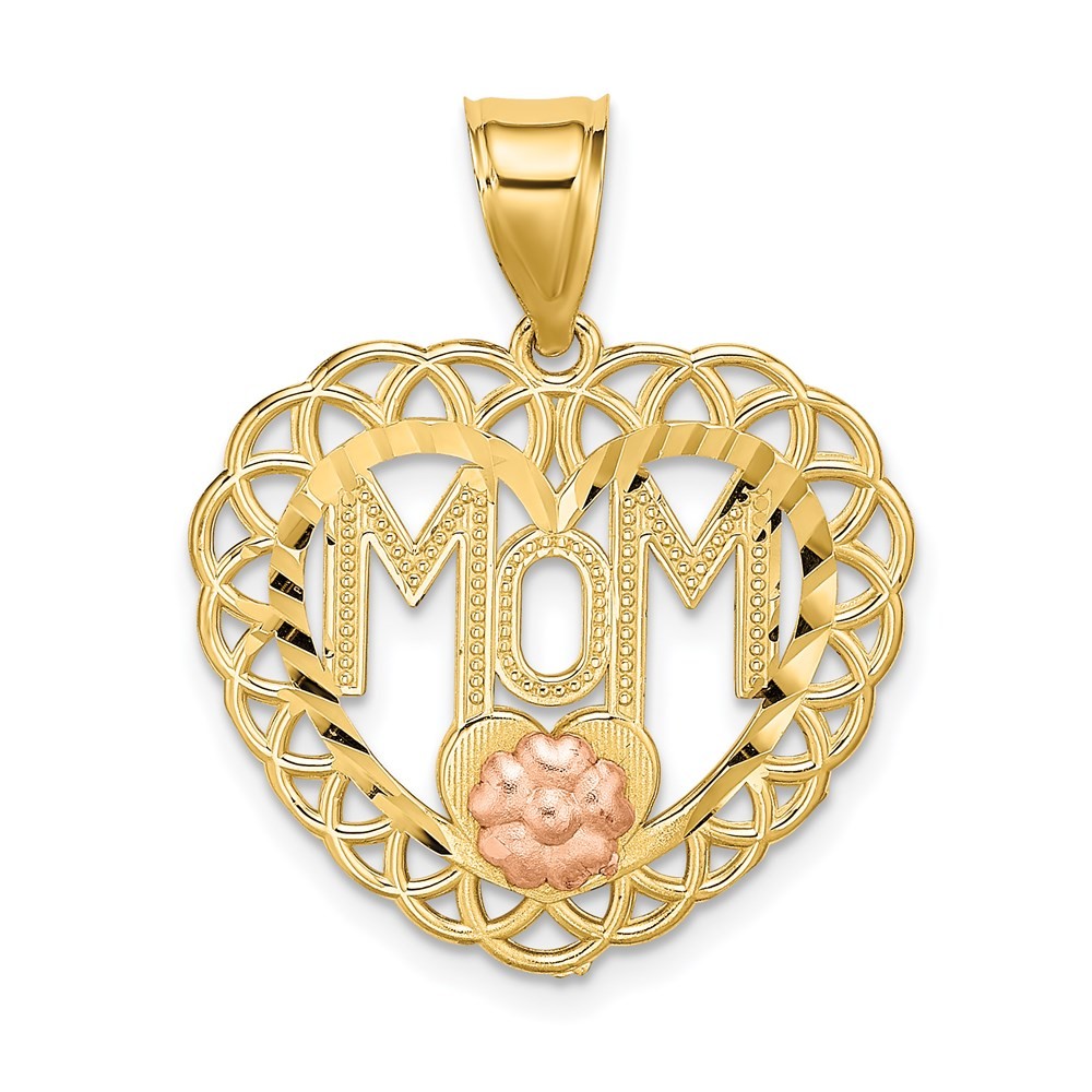 14K Two-tone Gold MOM in Heart Frame with Flower Charm Pendant 1.43gm