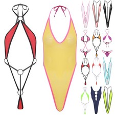 Womens Micro Bikini Bodysuit Hollow Out Halter Straps Backless Leotard Swimwear