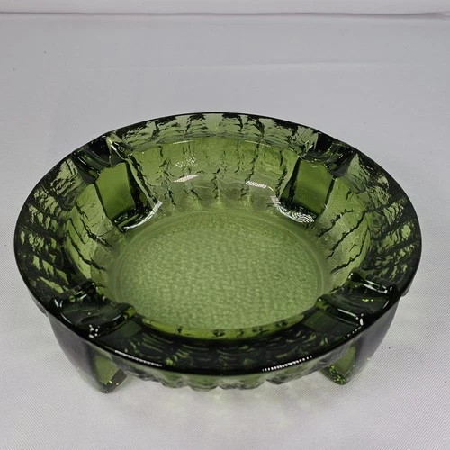 Blenko Art Glass Green Cigar Ashtray Textured Pebbled Round Heavy Footed MCM