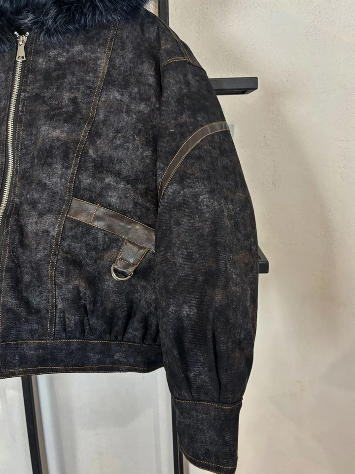 VTG AVANT GARDE JAPANESE HYSTERIC STYLE DENIM BOMBER FUR HOODED JACKET 90s Y2K - Image 4 of 4