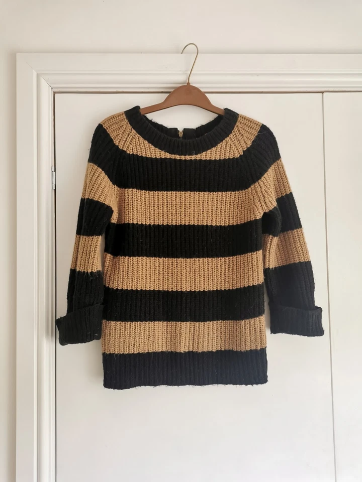Size 8 Black Brown Tan Beige Stripe Jumper Top Zip 3/4 Roll Sleeve knit warm VGC - Image 2 of 4