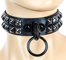 Black Leather Studded Bondage Collar With Ring Double Rows Pyramid Punk Goth