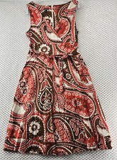 Talbots Paisley Print Dress Sleeveless Belted V-Neck Casual Brown Orange 6
