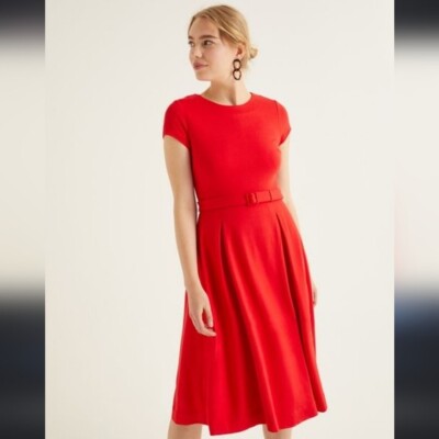 Boden Aida Ponte Knit Fit Flare Belted Dress size 8 Post Box Red | eBay