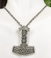 Thor Mjolnir Hammer With Ragnarok Dragons Pewter Pendant With Chain Necklace